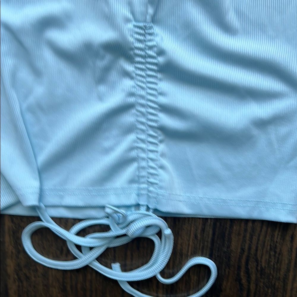Women’s Light Blue Lace Trim Tank Top with scoop neck, cinched ties at waistline - Picture 7 of 7
